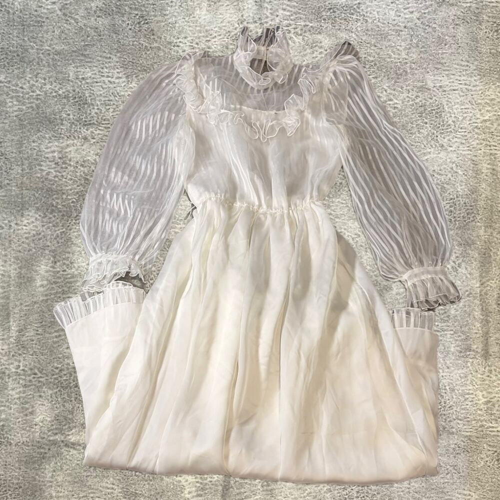 Vintage White Sheer Striped Puff Maxi Dress